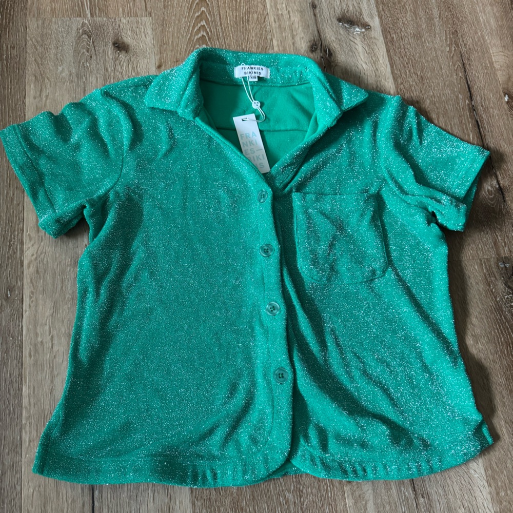 Frankies Bikinis NWT Green Coco Sparkle Terry Button Up Shirt Size XS